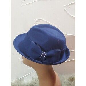 Callanan Chapeau Preta Porter Women's OS Blue Wool Bow Beading Fedora Hat